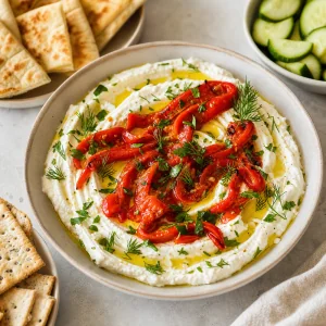 Aufgeschlagener Feta-Dip mit gerösteten Paprika, Olivenöl und Kräutern