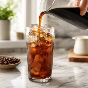 Cafe cold brew vertido sobre hielo en un vaso alto