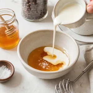 Miel, crema y sal marina combinadas en un bol pequeno