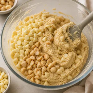 Macadamia nuts and white chocolate chips folded into cookie dough