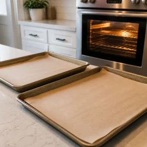 Parchment-lined baking sheets ready for white chocolate macadamia cookies