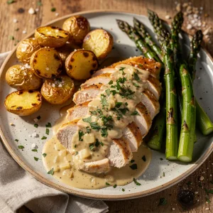 Seared chicken breasts in a creamy garlic sauce with roasted potatoes and asparagus on the side