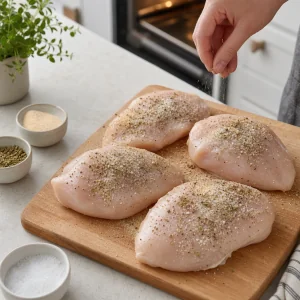 Chicken breasts being seasoned with onion powder, oregano, sea salt, and black pepper