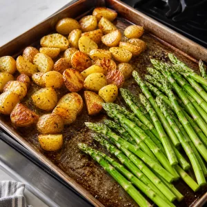 Roasted baby potatoes with fresh asparagus added to the baking sheet