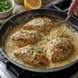 Seared chicken breasts coated in creamy garlic gravy with parsley and lemon