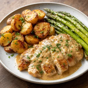 Creamy garlic chicken served with roasted potatoes and asparagus