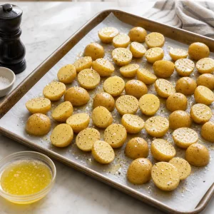 Halved baby gold potatoes tossed with melted ghee, sea salt, and black pepper on a sheet pan