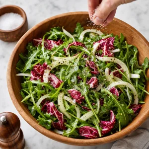 Arugula and radicchio salad seasoned with salt and freshly cracked black pepper