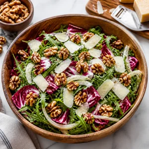 Finished arugula and radicchio salad topped with toasted walnuts and shaved Parmesan