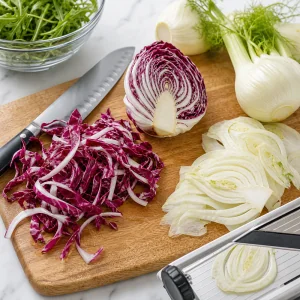 Radicchio sliced into thin ribbons with paper-thin fennel shavings on a cutting board