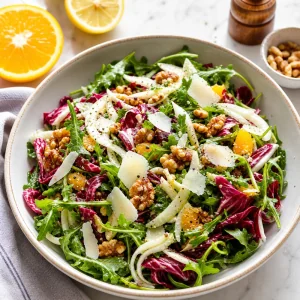 Zesty arugula and radicchio salad with fennel, walnuts, Parmesan, and citrus vinaigrette
