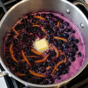 A small pat of butter added to the foaming blueberry orange mixture in the pot.