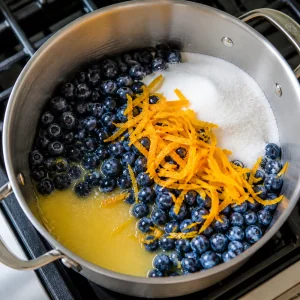 Blueberries, orange zest, citrus juice, and sugar combined in a heavy-bottomed pot.