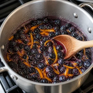 Blueberry orange mixture warming in a pot while a wooden spoon stirs as the sugar dissolves.
