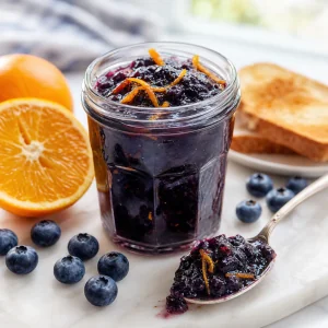 Jar of glossy blueberry orange marmalade with visible orange zest, served with fresh blueberries and orange slices.