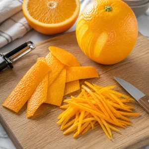 Orange peel strips and fine julienned orange zest prepared on a cutting board.