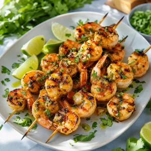 Grilled citrus garlic shrimp skewers with fresh herbs and lime wedges.