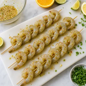 Marinated shrimp threaded onto wooden skewers before grilling.