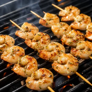 Shrimp skewers grilling until opaque with light char marks.