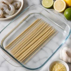 Wooden skewers soaking in water before grilling shrimp.