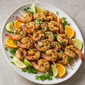 Grilled citrus garlic shrimp skewers garnished with fresh herbs and citrus wedges.