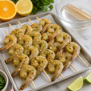Marinated shrimp threaded onto wooden skewers with soaked skewers nearby.