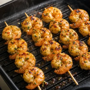 Shrimp skewers grilling until pink, opaque, and lightly charred.