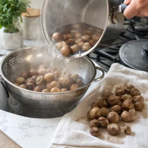 Boiled mushrooms drained in a colander and patted dry on a kitchen towel