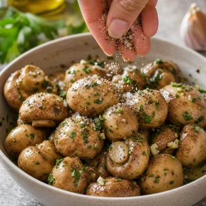 Marinated mushrooms seasoned with salt and freshly cracked black pepper