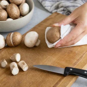 Mushrooms cleaned with a damp paper towel and trimmed on a cutting board