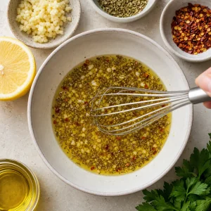Olive oil vinegar lemon juice garlic oregano and red pepper flakes whisked into marinade
