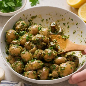 Warm mushrooms tossed with garlic lemon herb marinade and chopped parsley