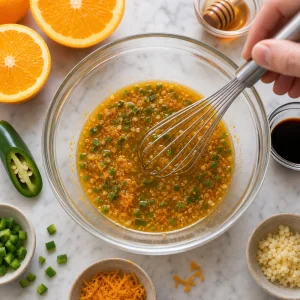 Glace de laranja e jalapeno batido com mel molho de soja alho e raspas