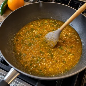 Molho de laranja e jalapeno fervendo na frigideira ate engrossar e brilhar