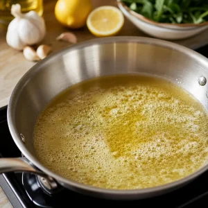 Butter and olive oil foaming in a skillet for lemon garlic shrimp