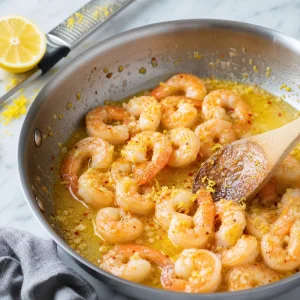 Cooked shrimp tossed with lemon juice zest garlic butter and red pepper flakes