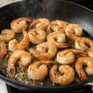 Shrimp searing in a single layer with a golden crust forming in the skillet