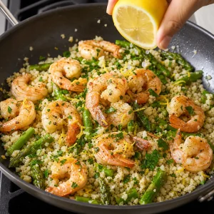 Crevettes cuites remises dans la poêle avec riz de chou-fleur, asperges, citron et persil.