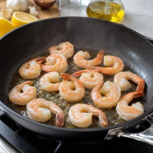 Crevettes cuisant dans une poêle avec de l’huile d’olive jusqu’à devenir roses et opaques.