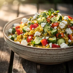 Colorful Mediterranean orzo salad in a ceramic bowl with chickpeas, cucumber, and feta cheese