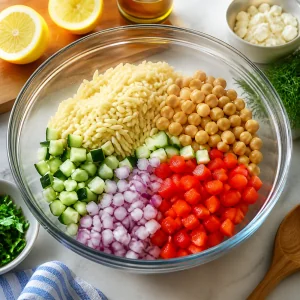 Orzo refroidi mélangé avec pois chiches, concombre, poivron rouge et oignon rouge.