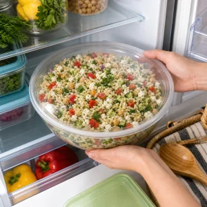 Salade d orzo citronnée aux herbes couverte et refroidie au réfrigérateur avant service.