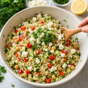 Feta, aneth et persil délicatement incorporés à la salade d orzo aux pois chiches.