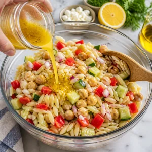 Vinaigrette au citron versée sur la salade d orzo puis mélangée.