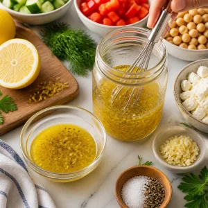 Vinaigrette au citron fouettée avec huile d olive, miel, ail, sel et poivre.