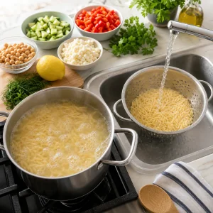 Orzo cuit et rincé pour une salade citronnée aux herbes.