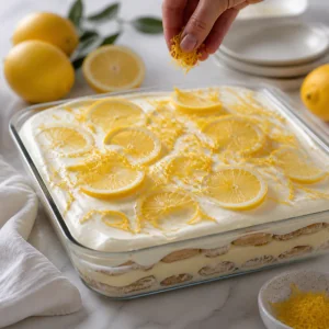Chilled lemon tiramisu garnished with lemon zest and thin lemon slices before serving