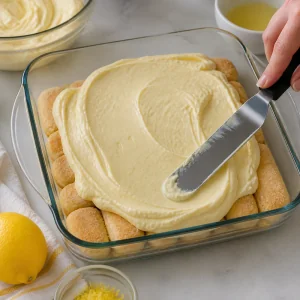 Half of the lemon mascarpone cream spread evenly over ladyfingers