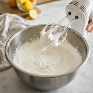 Heavy cream whipped to stiff peaks in a chilled mixing bowl