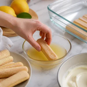 Ladyfinger biscuits quickly dipped into cooled lemon limoncello syrup